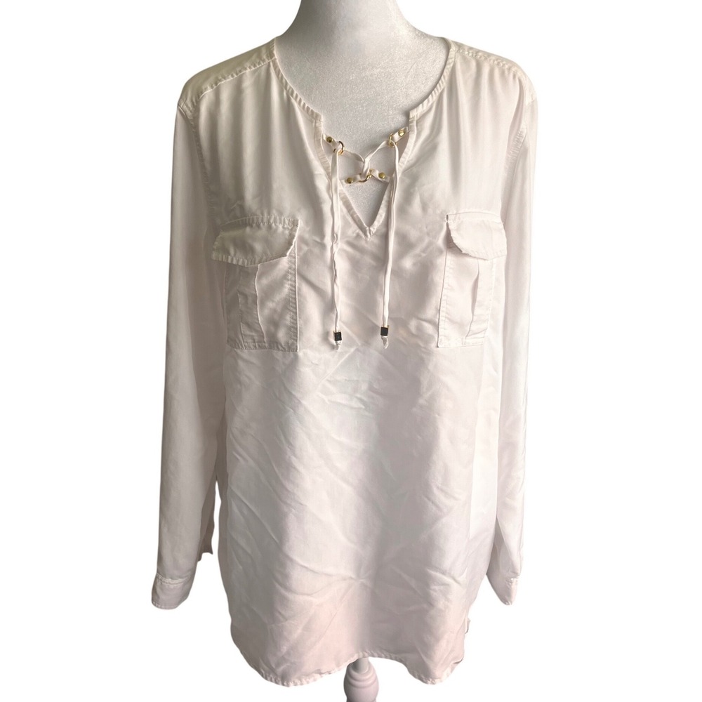 Chicos White Lace Up V-Neck Tunic Top Roll Tab Sleeve Utility Blouse Size 2 L